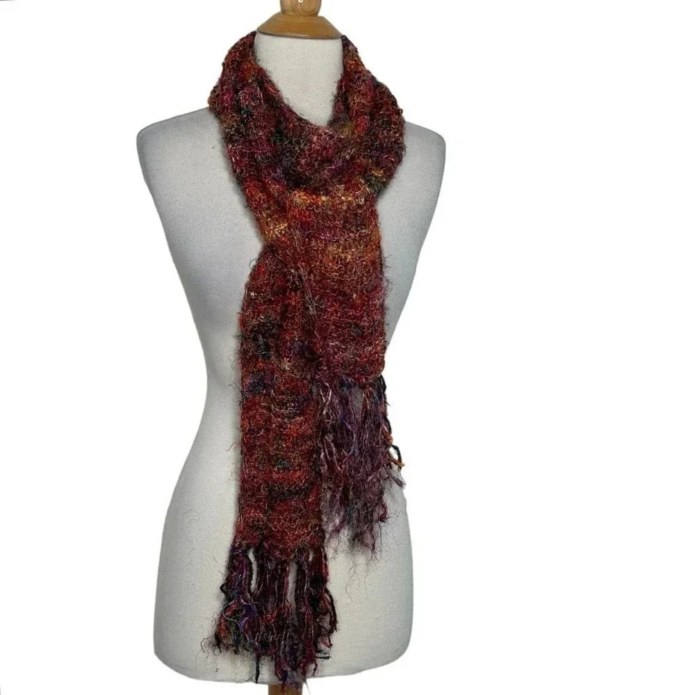 Lakhay's Collection made in Nepal 100% silk multi-colored knit fringe scarf